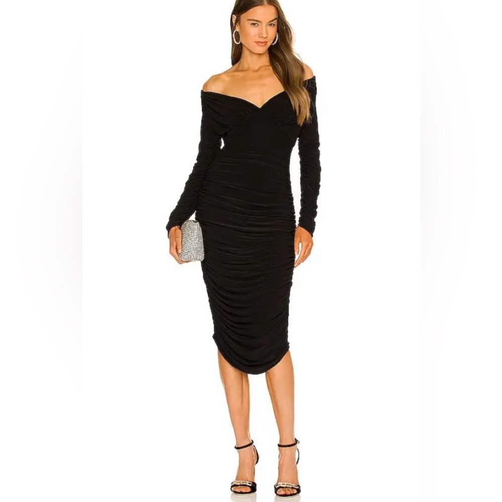 Norma Kamali Tara Long-Sleeve Deep-V Ruched Stretch Jersey Midi Dress small - Picture 2 of 7